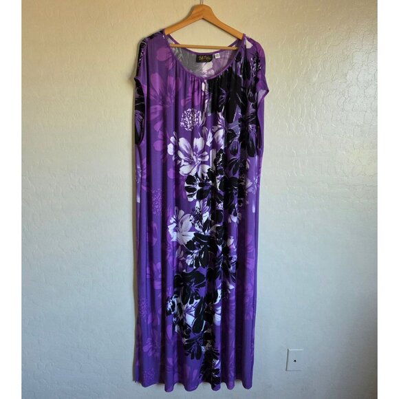 Bob Mackie Wearable Art Floral Maxi Dress Purple Size 3X Hawaiian Resort Stretch - Picture 1 of 9